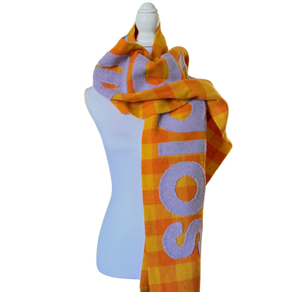 NWT $420 Acne Studios Veda Checked Wool Big Logo Scarf 80"x37" Orange Purple - Picture 9 of 13